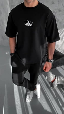 MYTHRIVA  Unisex Bisiklet Yaka Baskılı Oversize T-Shirt - Siyah