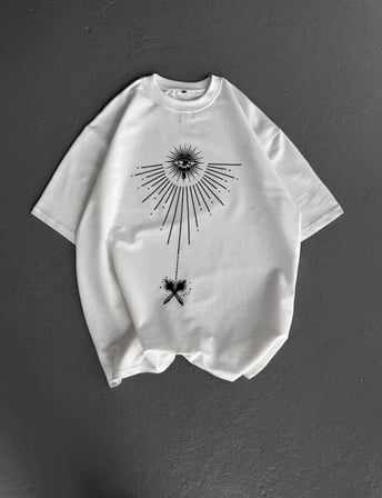 MYTHRIVA  Unisex Bisiklet Yaka Baskılı Oversize T-Shirt - Beyaz