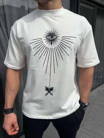 MYTHRIVA  Unisex Bisiklet Yaka Baskılı Oversize T-Shirt - Beyaz