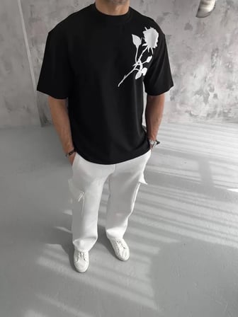 MYTHRIVA  Unisex Bisiklet Yaka Baskılı Oversize T-Shirt - Siyah