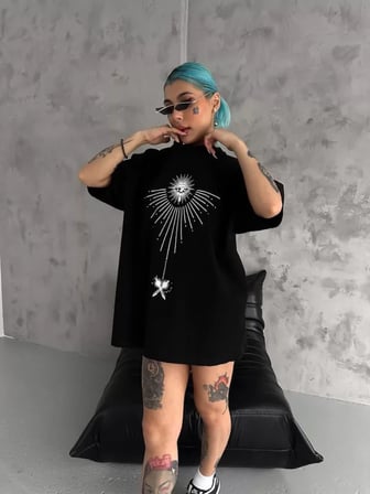 MYTHRIVA  Unisex Bisiklet Yaka Baskılı Oversize T-Shirt - Siyah