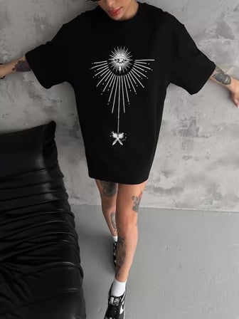 MYTHRIVA  Unisex Bisiklet Yaka Baskılı Oversize T-Shirt - Siyah