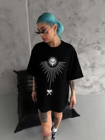 MYTHRIVA  Unisex Bisiklet Yaka Baskılı Oversize T-Shirt - Siyah
