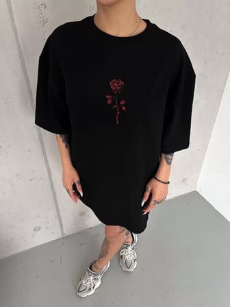 MYTHRIVA  Unisex Bisiklet Yaka Baskılı Oversize T-Shirt - Siyah