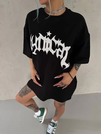 MYTHRIVA  Unisex Bisiklet Yaka Baskılı Oversize T-Shirt - Siyah