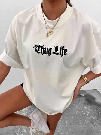 MYTHRIVA  Unisex Bisiklet Yaka Baskılı Oversize T-Shirt - Beyaz