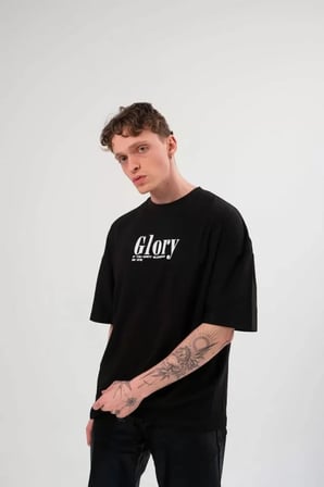MYTHRIVA  Unisex Bisiklet Yaka Baskılı Oversize T-Shirt - Siyah