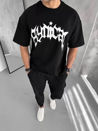 MYTHRIVA  Unisex Bisiklet Yaka Baskılı Oversize T-Shirt - Siyah
