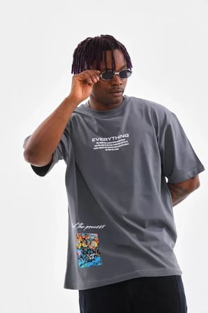 MYTHRIVA  Unisex Bisiklet Yaka Baskılı Oversize T-Shirt - Gri