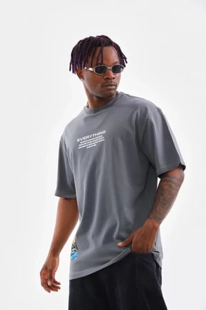MYTHRIVA  Unisex Bisiklet Yaka Baskılı Oversize T-Shirt - Gri