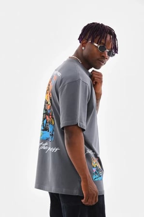 MYTHRIVA  Unisex Bisiklet Yaka Baskılı Oversize T-Shirt - Gri