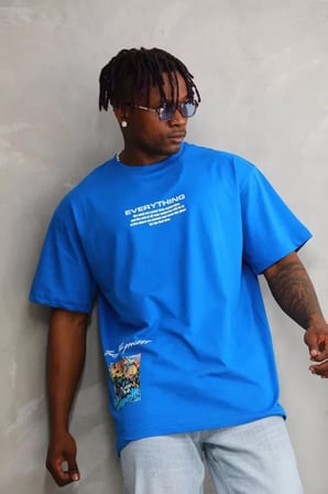 MYTHRIVA  Unisex Bisiklet Yaka Baskılı Oversize T-Shirt - Mavi