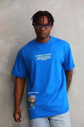 MYTHRIVA  Unisex Bisiklet Yaka Baskılı Oversize T-Shirt - Mavi