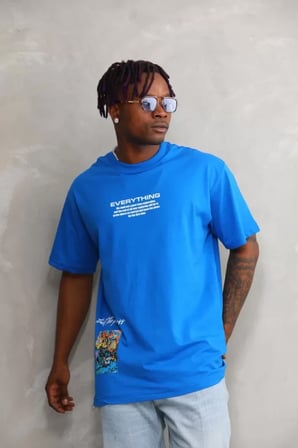 MYTHRIVA  Unisex Bisiklet Yaka Baskılı Oversize T-Shirt - Mavi