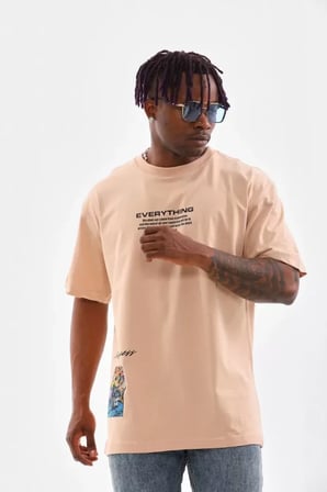 MYTHRIVA  Unisex Bisiklet Yaka Baskılı Oversize T-Shirt - Bej