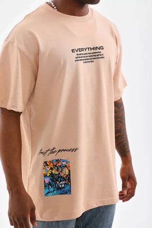 MYTHRIVA  Unisex Bisiklet Yaka Baskılı Oversize T-Shirt - Bej