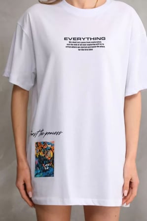 MYTHRIVA  Unisex Bisiklet Yaka Baskılı Oversize T-Shirt - Beyaz