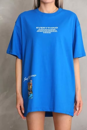 MYTHRIVA  Unisex Bisiklet Yaka Baskılı Oversize T-Shirt - Mavi