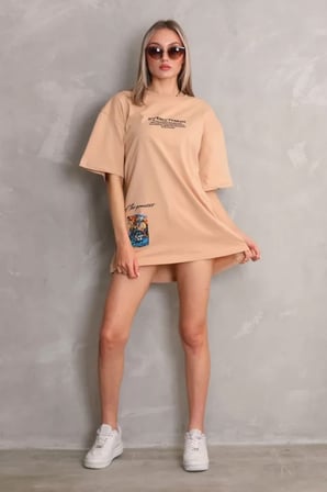 MYTHRIVA  Unisex Bisiklet Yaka Baskılı Oversize T-Shirt - Bej
