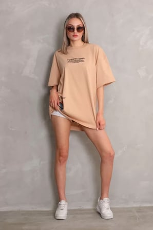 MYTHRIVA  Unisex Bisiklet Yaka Baskılı Oversize T-Shirt - Bej