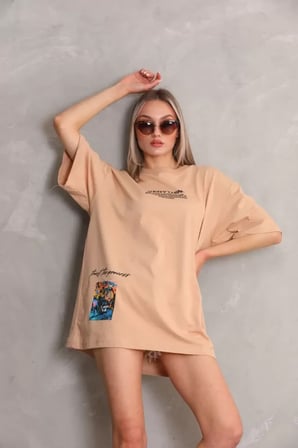 MYTHRIVA  Unisex Bisiklet Yaka Baskılı Oversize T-Shirt - Bej