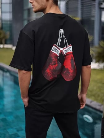 MYTHRIVA  Unisex Bisiklet Yaka Baskılı Oversize T-Shirt - Siyah