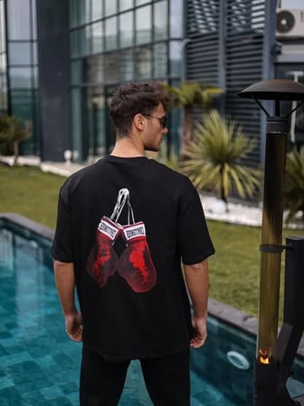 MYTHRIVA  Unisex Bisiklet Yaka Baskılı Oversize T-Shirt - Siyah