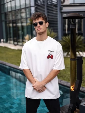 MYTHRIVA  Unisex Bisiklet Yaka Baskılı Oversize T-Shirt - Beyaz