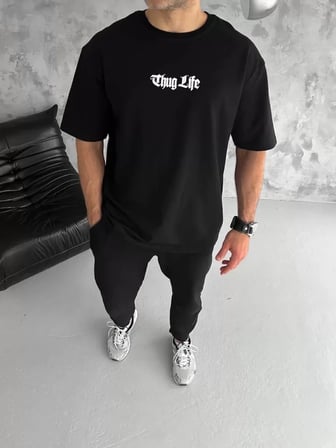 MYTHRIVA  Unisex Bisiklet Yaka Baskılı Oversize T-Shirt - Siyah