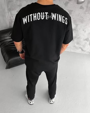 MYTHRIVA  Unisex Bisiklet Yaka Baskılı Oversize T-Shirt - Siyah