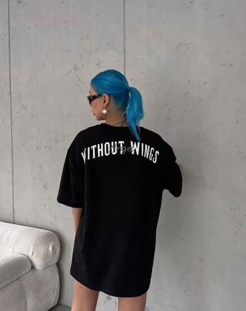 MYTHRIVA  Unisex Bisiklet Yaka Baskılı Oversize T-Shirt - Siyah