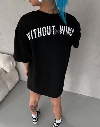 MYTHRIVA  Unisex Bisiklet Yaka Baskılı Oversize T-Shirt - Siyah