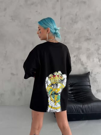 MYTHRIVA  Unisex Bisiklet Yaka Baskılı Oversize T-Shirt - Siyah