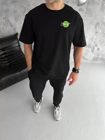 MYTHRIVA  Unisex Bisiklet Yaka Baskılı Oversize T-Shirt - Siyah