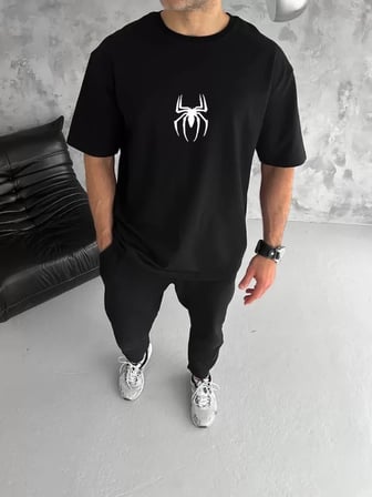 MYTHRIVA  Unisex Bisiklet Yaka Baskılı Oversize T-Shirt - Siyah