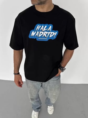 MYTHRIVA  Unisex Bisiklet Yaka Baskılı Oversize T-Shirt - Siyah