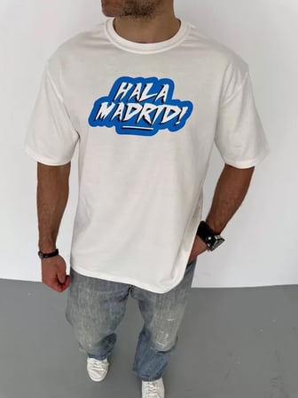 MYTHRIVA  Unisex Bisiklet Yaka Baskılı Oversize T-Shirt - Beyaz