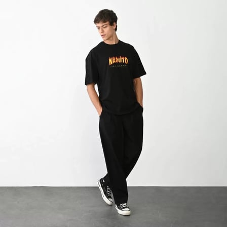 MYTHRIVA  Unisex Bisiklet Yaka Baskılı Oversize T-Shirt - Siyah