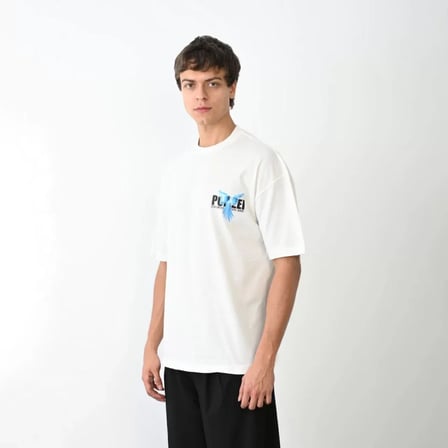 MYTHRIVA  Unisex Bisiklet Yaka Baskılı Oversize T-Shirt - Beyaz