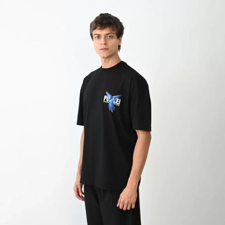 MYTHRIVA  Unisex Bisiklet Yaka Baskılı Oversize T-Shirt - Siyah