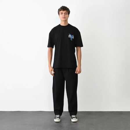 MYTHRIVA  Unisex Bisiklet Yaka Baskılı Oversize T-Shirt - Siyah