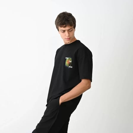 MYTHRIVA  Unisex Bisiklet Yaka Baskılı Oversize T-Shirt - Siyah