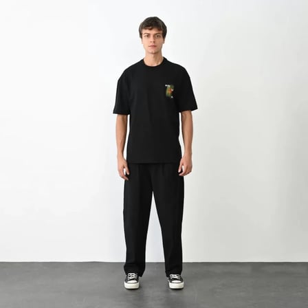 MYTHRIVA  Unisex Bisiklet Yaka Baskılı Oversize T-Shirt - Siyah