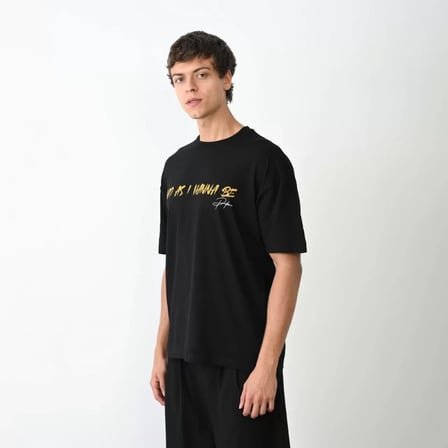 MYTHRIVA  Unisex Bisiklet Yaka Baskılı Oversize T-Shirt - Siyah