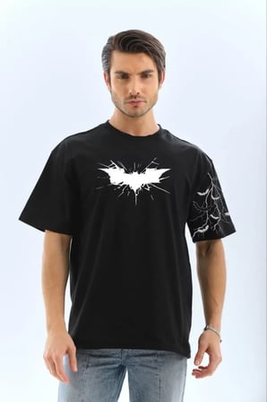 MYTHRIVA  Unisex Ön Ve Kol Baskılı Oversize T-shirt - Siyah