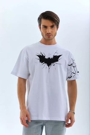 MYTHRIVA  Unisex Ön Ve Kol Baskılı Oversize T-shirt - Beyaz