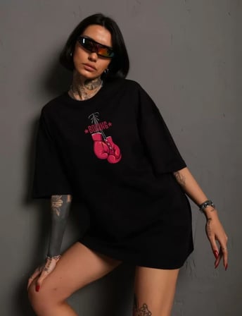 MYTHRIVA  Unisex Bisiklet Yaka Baskılı Oversize T-Shirt - Siyah