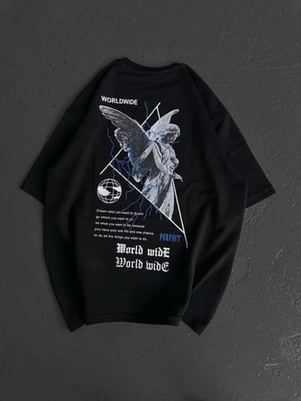 MYTHRIVA  Unisex Bisiklet Yaka Baskılı Oversize T-Shirt - Siyah