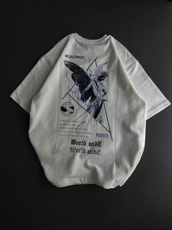 MYTHRIVA  Unisex Bisiklet Yaka Baskılı Oversize T-Shirt - Beyaz