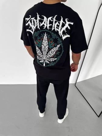 MYTHRIVA  Unisex Bisiklet Yaka Baskılı Oversize T-Shirt - Siyah